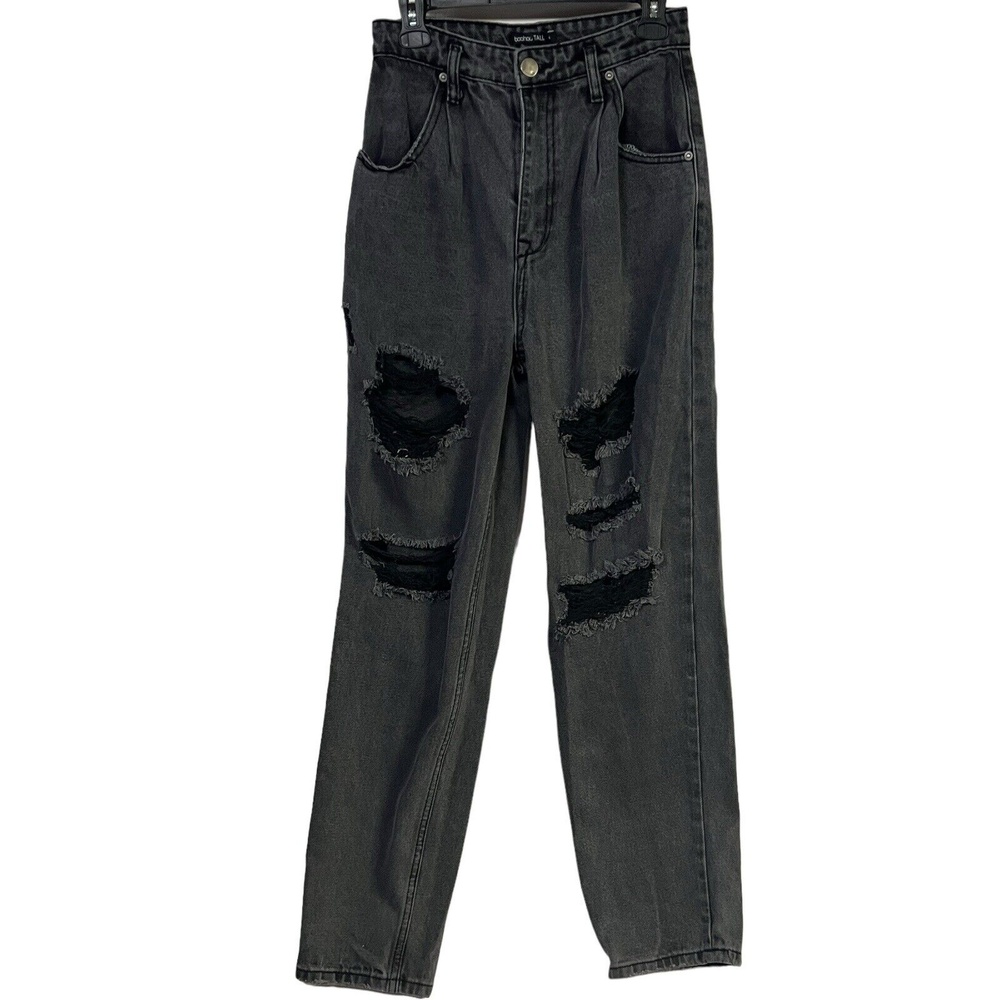 Boohoo Jeans Size 4 Tall Black Distressed High Waisted Ripped Relaxed Y2K Grunge